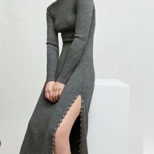 Maje Rully piercing-detail ribbed-knit midi dress in gray